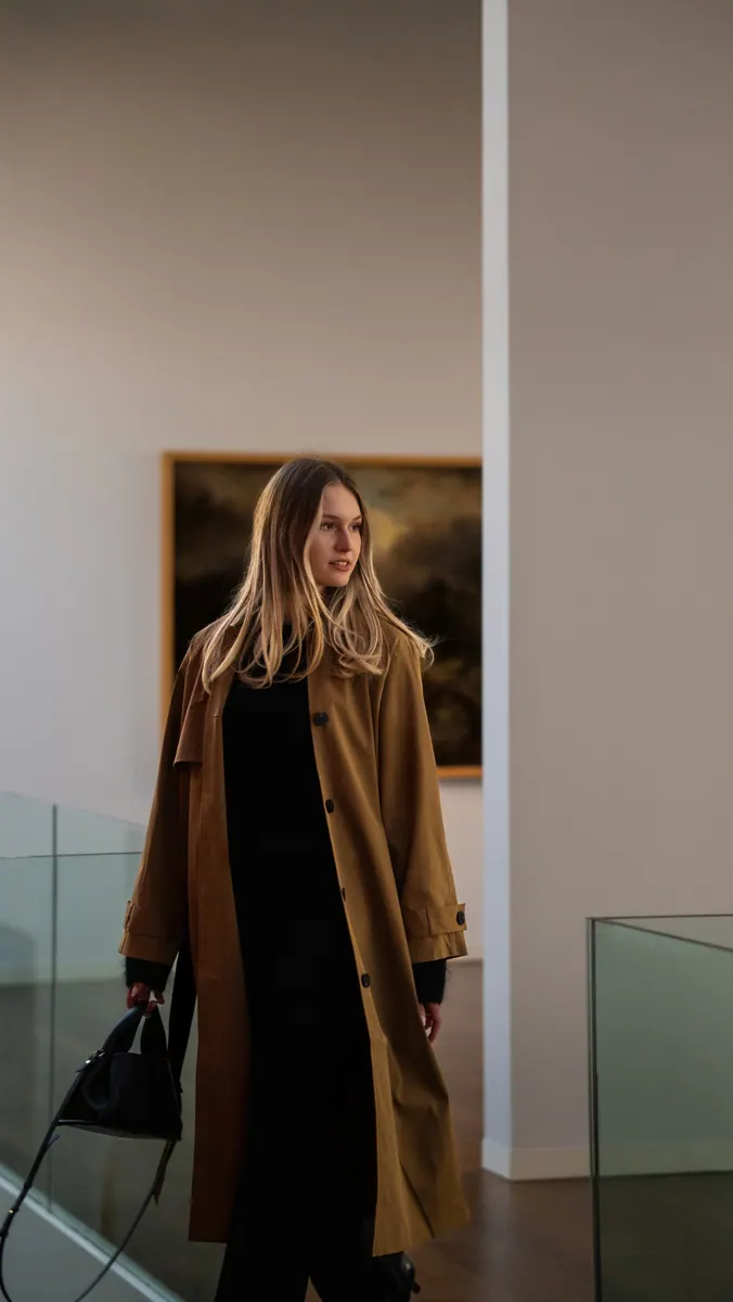 Femme en manteau camel dans une galerie