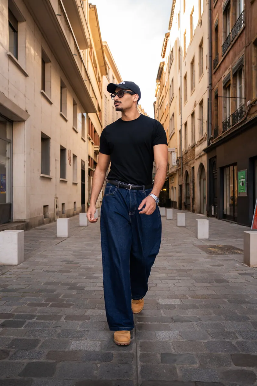 Homme en casquette qui marche dans une ruelle