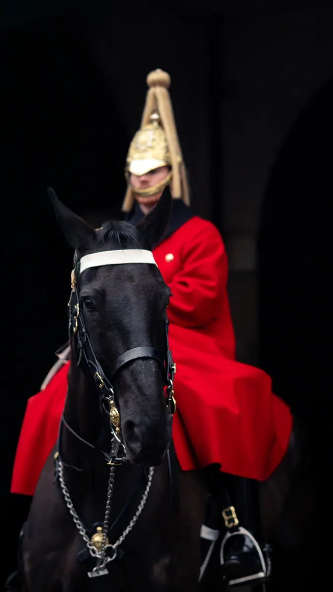 Garde royal à cheval en tunique rouge, à Londres